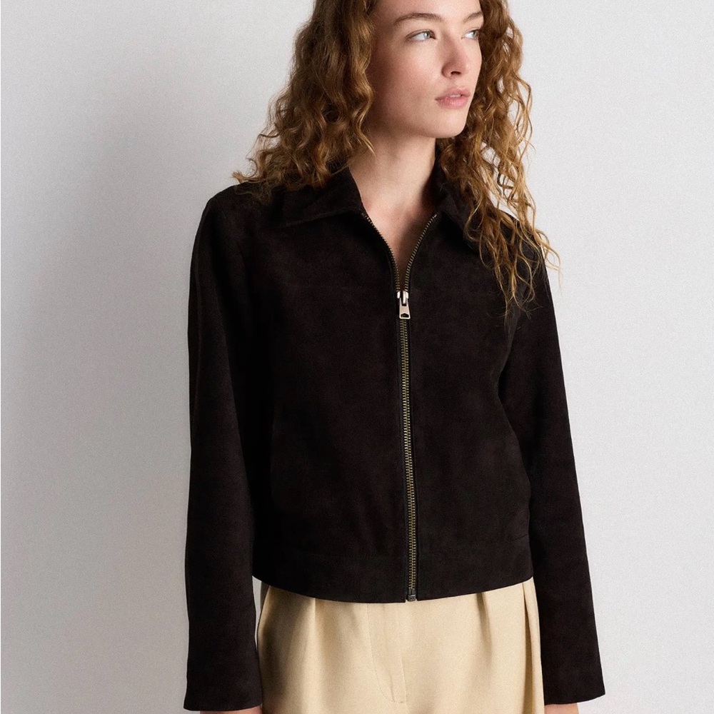 Quince 100% Suede Zip Front Cropped Jacket in Espeesso Size Medium 482